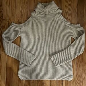 Thick chunky knit cut out shoulder turtleneck sweater